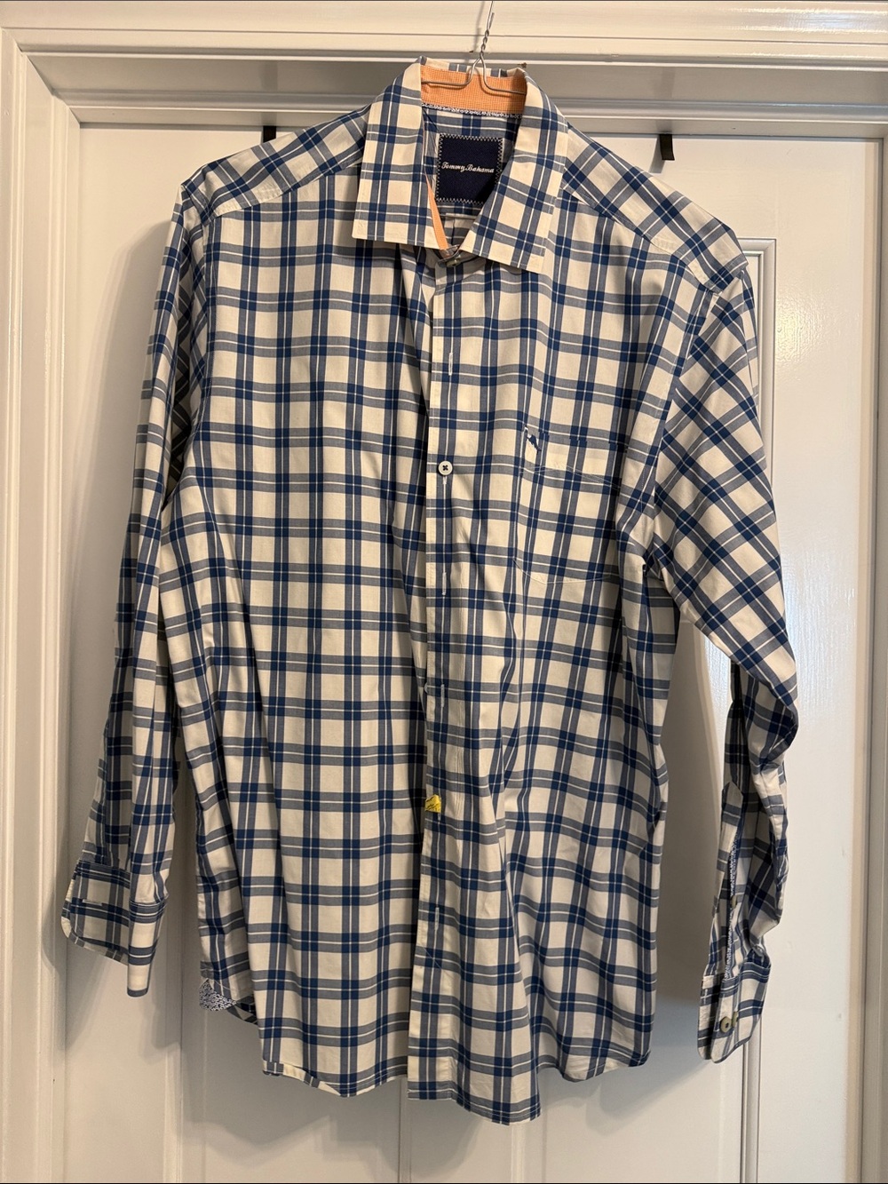 Tommy Bahama White and Blue Plaid Long-Sleeve Dress Shirt size large